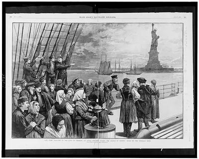 New York - Welcome to the land of freedom - An ocean steamer passing the Statue of Liberty: Scene on the steerage deck / from a sketch by a staff artist.