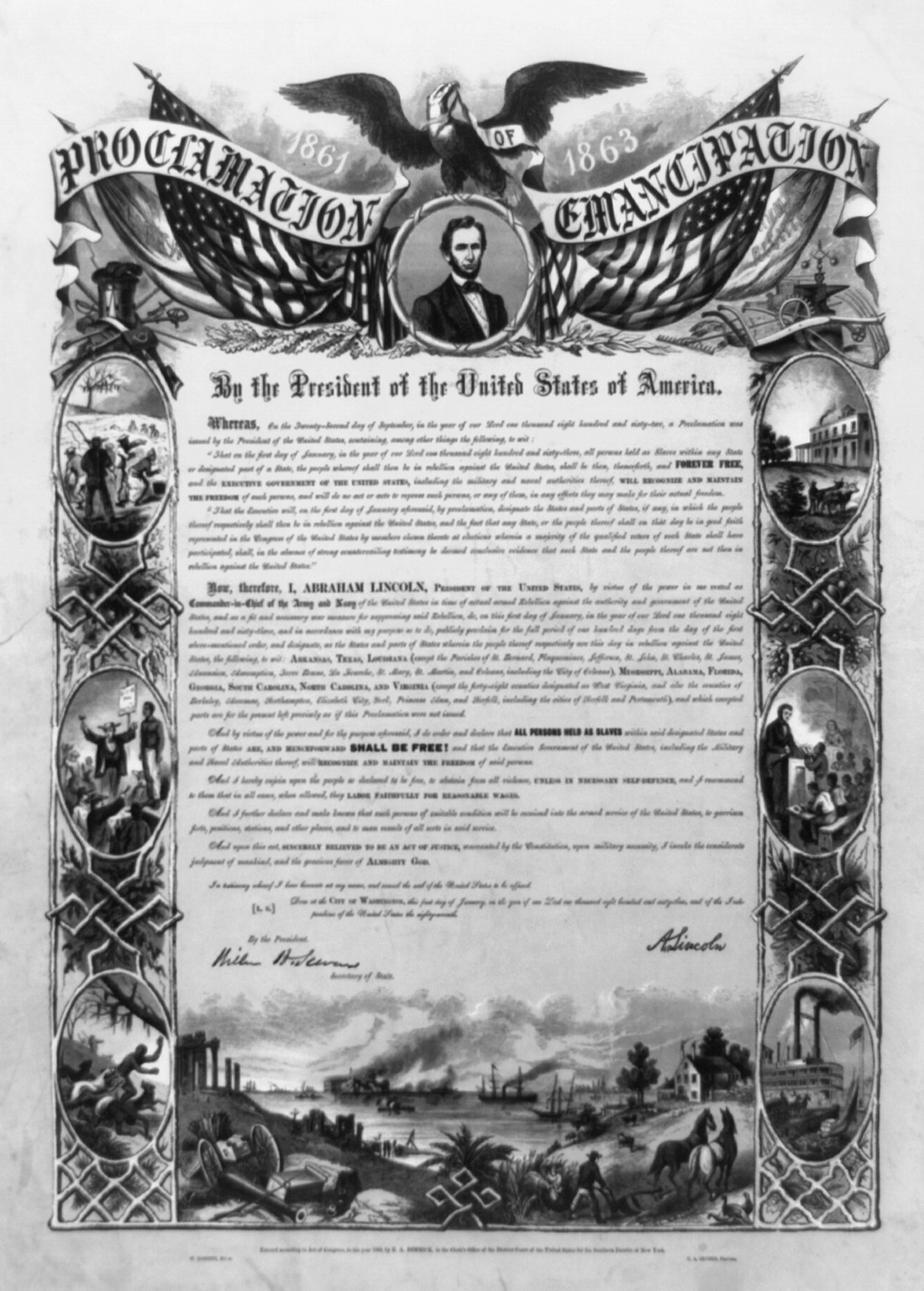Proclamation of Emancipation by the President of the United States of America / W. Roberts del., C.A. Alvord, printer., c1864. — antique lithograph