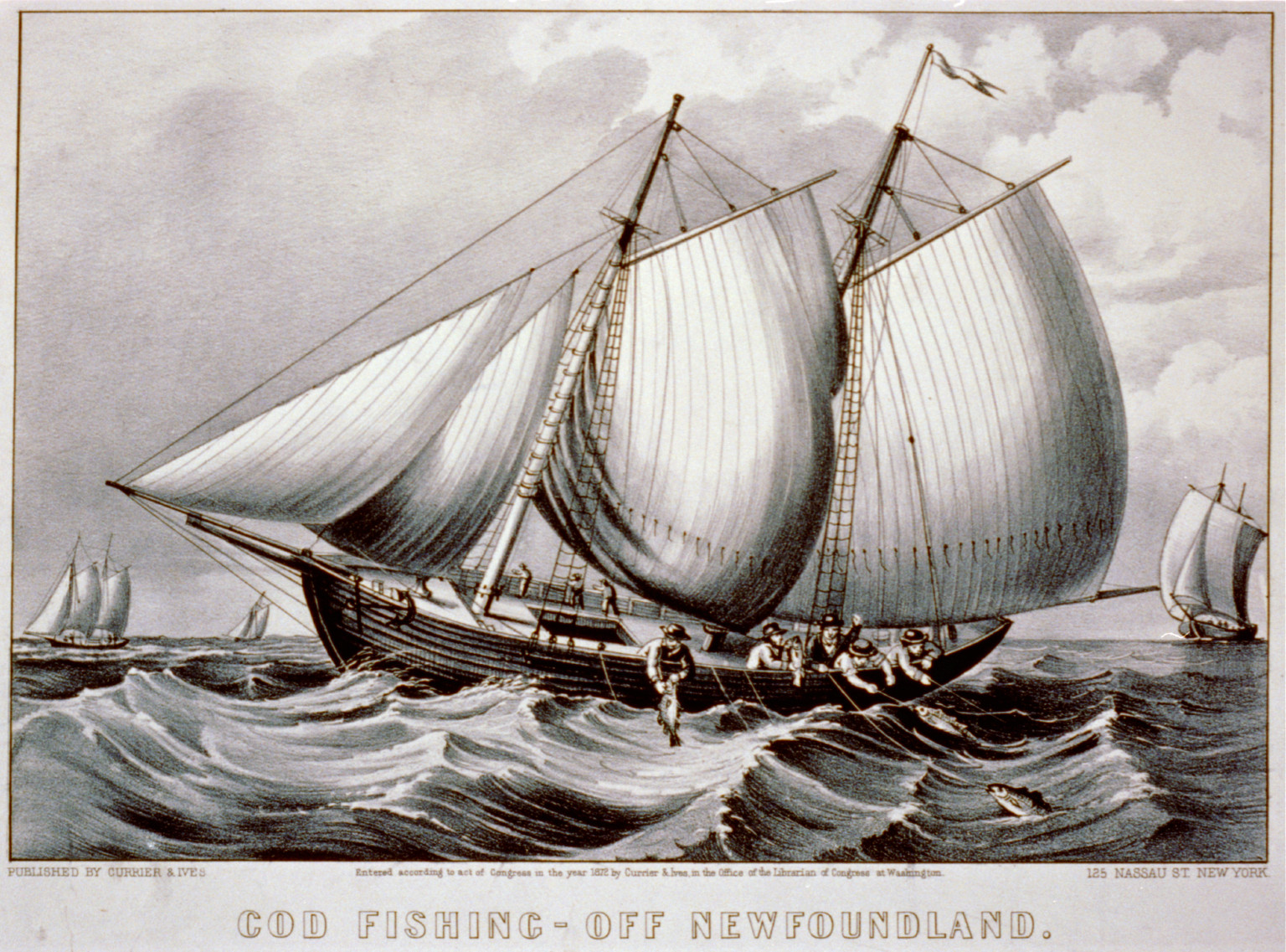 Cod fishing-off Newfoundland, [New York] : Currier & Ives, 1872. — antique lithograph