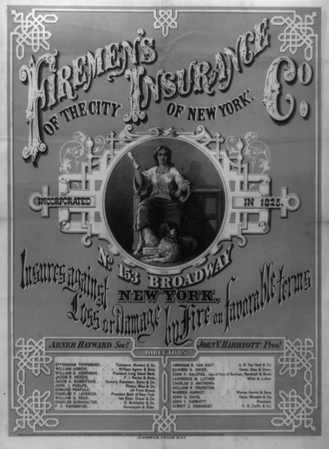 Firemen's Insurance Co. of the city of New York, N.Y. : L.H. Biglow & Co., c1866. — antique lithograph