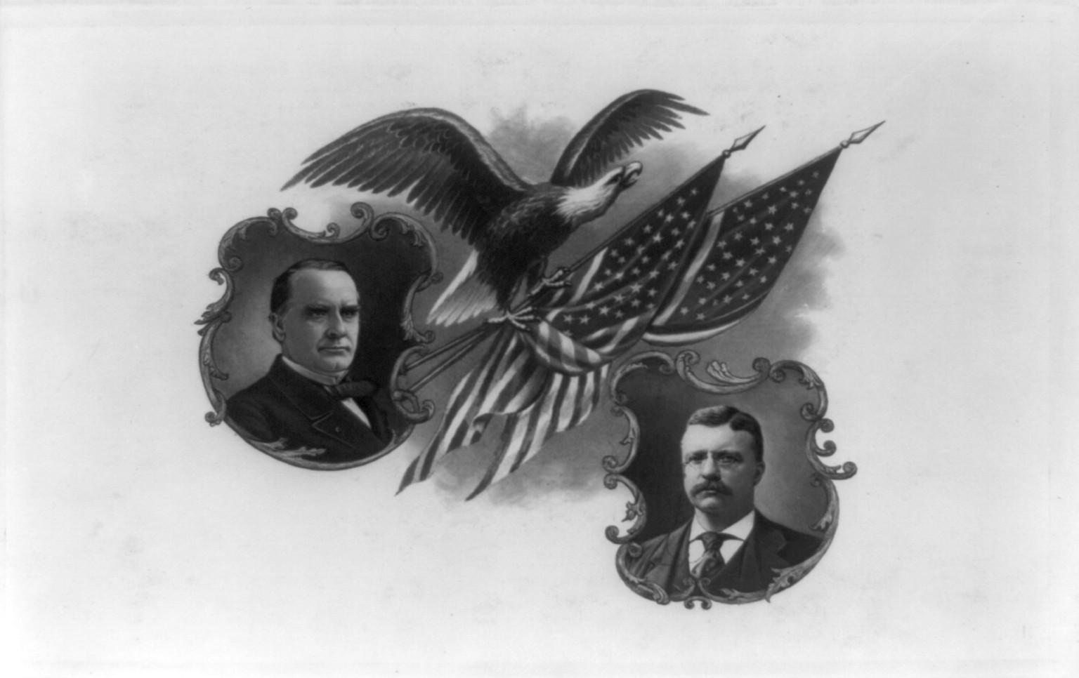 [Head-and-shoulders portraits of William McKinley and Theodore Roosevelt and eagle with two U.S. flags], c1900. — antique engraving