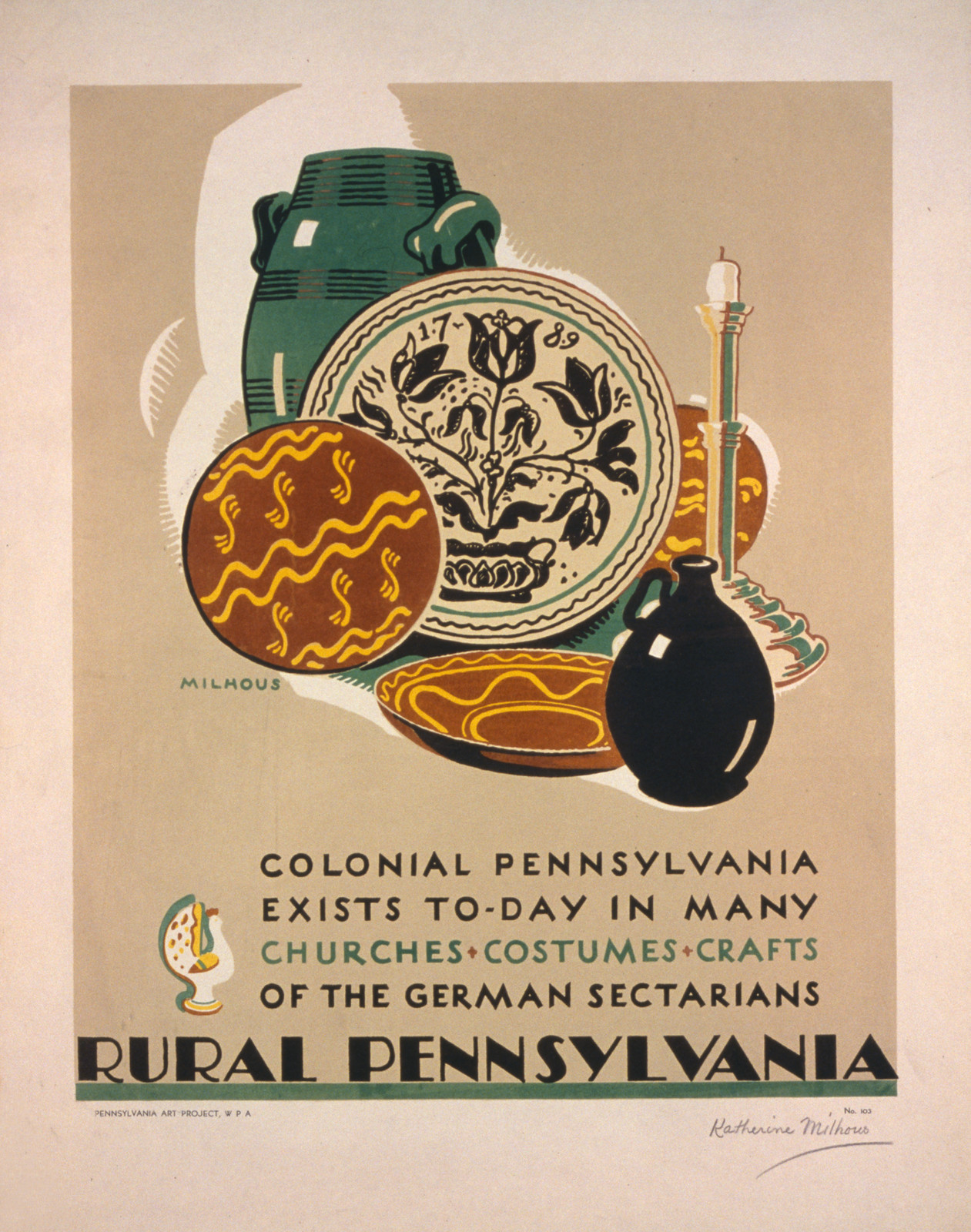 Rural Pennsylvania Colonial Pennsylvania exists to-day in many churches costumes craf, 1936 — vintage poster