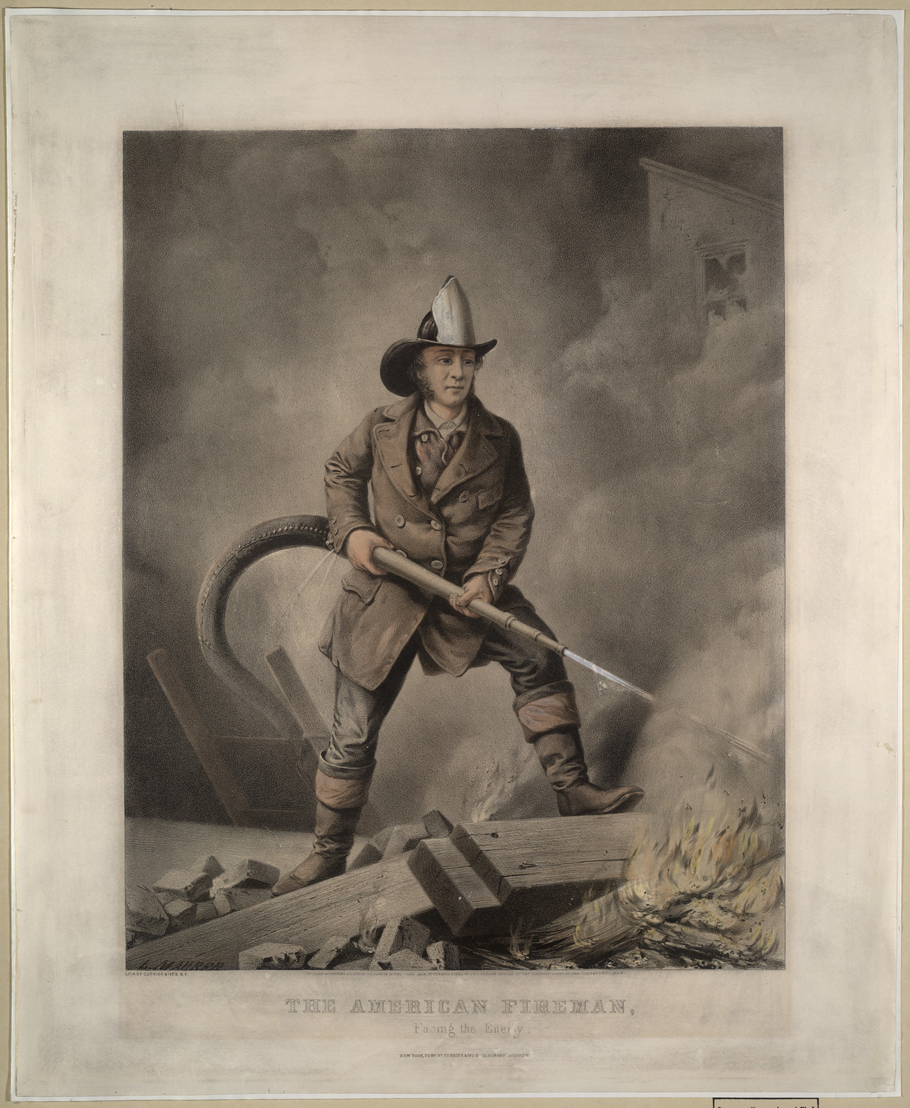 The American fireman: facing the enemy, [New York] : Currier & Ives, 1858. — antique lithograph