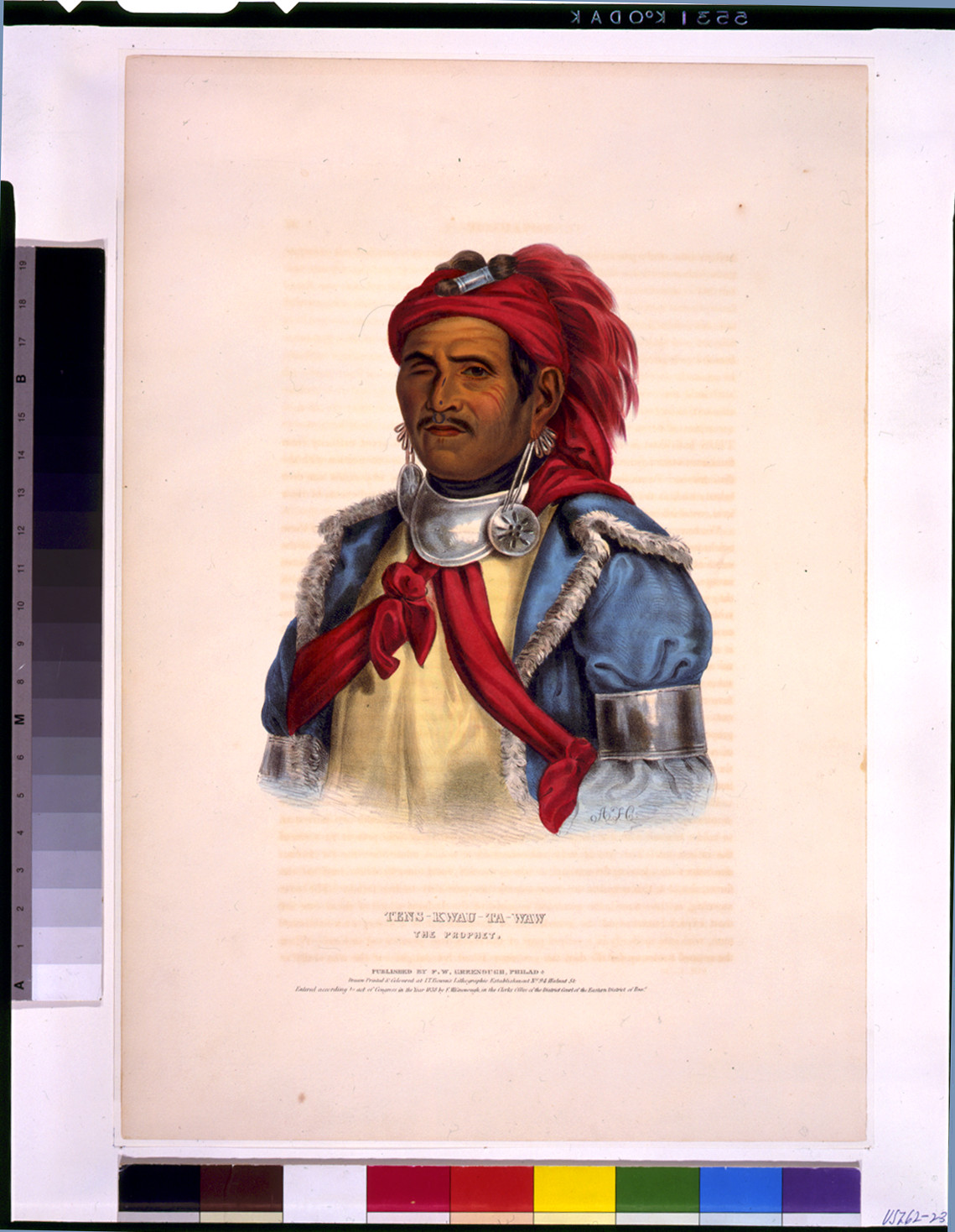 Tens-Kwau-Ta-Waw, the prophet / A.H. ; drawn, printed & coloured at I.T. Bowen's Lithographic Establishment., Philada. : published by F.W. Greenough, c1838. — antique lithograph