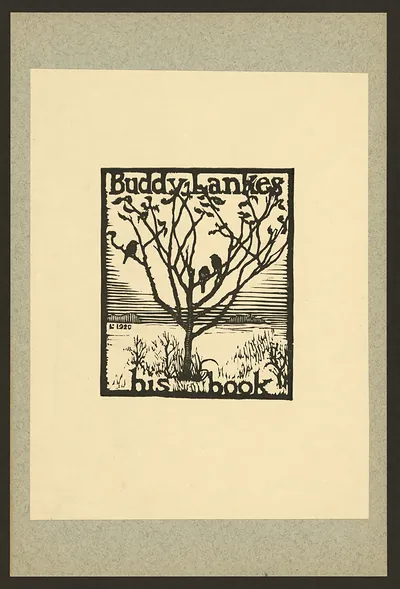 Buddy Lankes his book: woodcut bookplate with bare tree and birds
