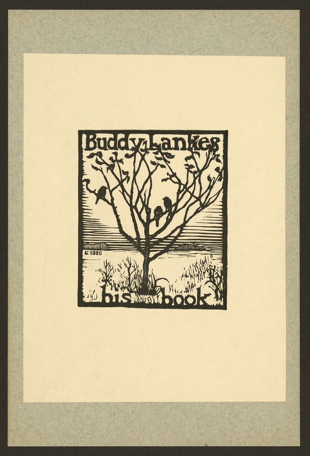 Buddy Lankes his book: woodcut bookplate with bare tree and birds — historic image