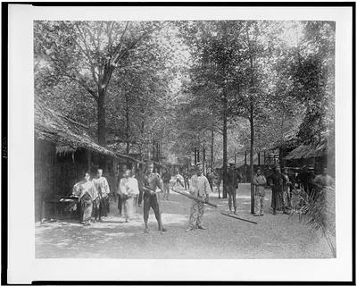 [Street scene in Javanese Village showing workers, Paris Exposition, 1889]