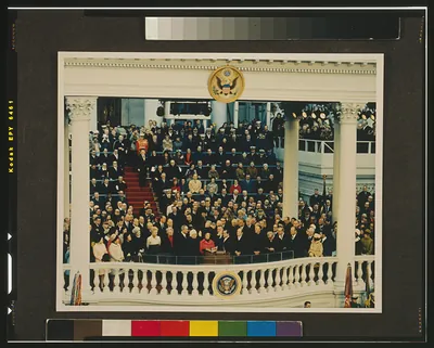 [Chief Justice Earl Warren administering the oath of office to Richard M. Nixon on the east portico of the U.S. Capitol, January 20, 1969]