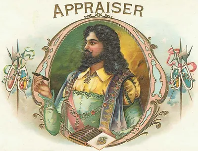 APPRAISER cigar label with bearded man in period costume