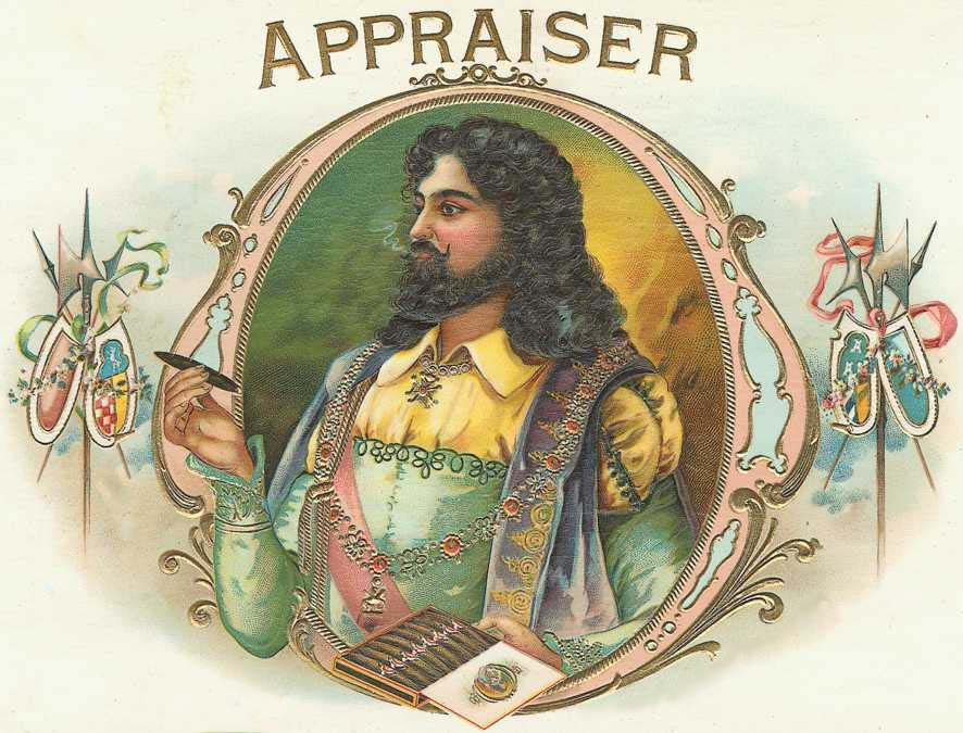 APPRAISER cigar label with bearded man in period costume — historic image