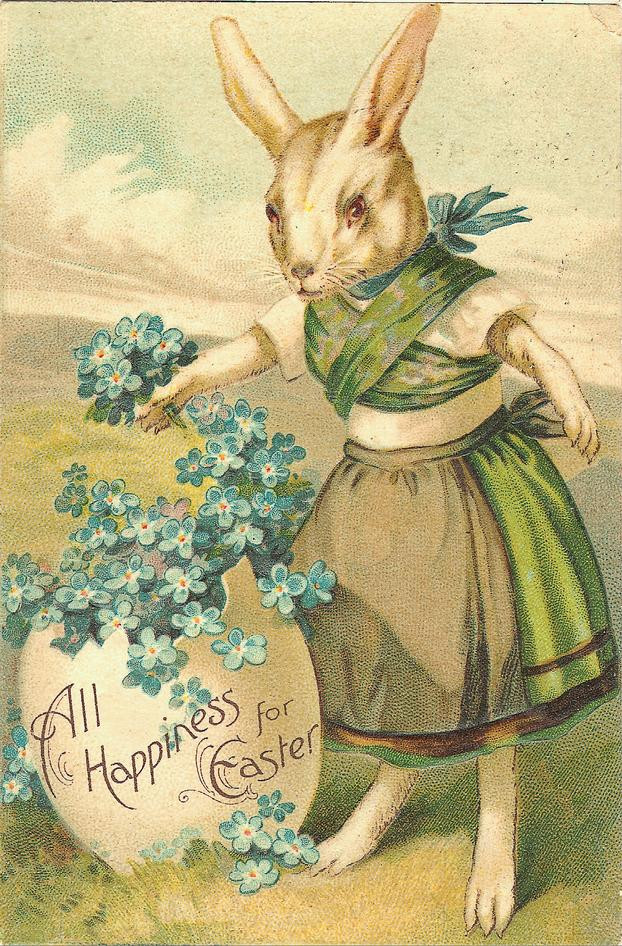 Rabbit in dress with forget-me-nots, All Happiness for Easter — historic image