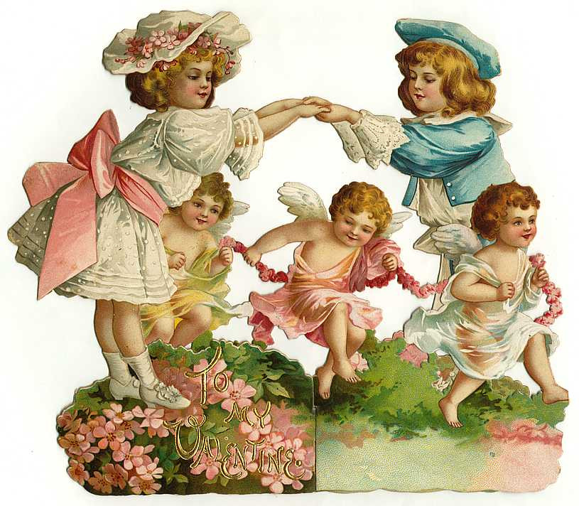 Victorian die-cut Valentine card with children and cupids — historic image