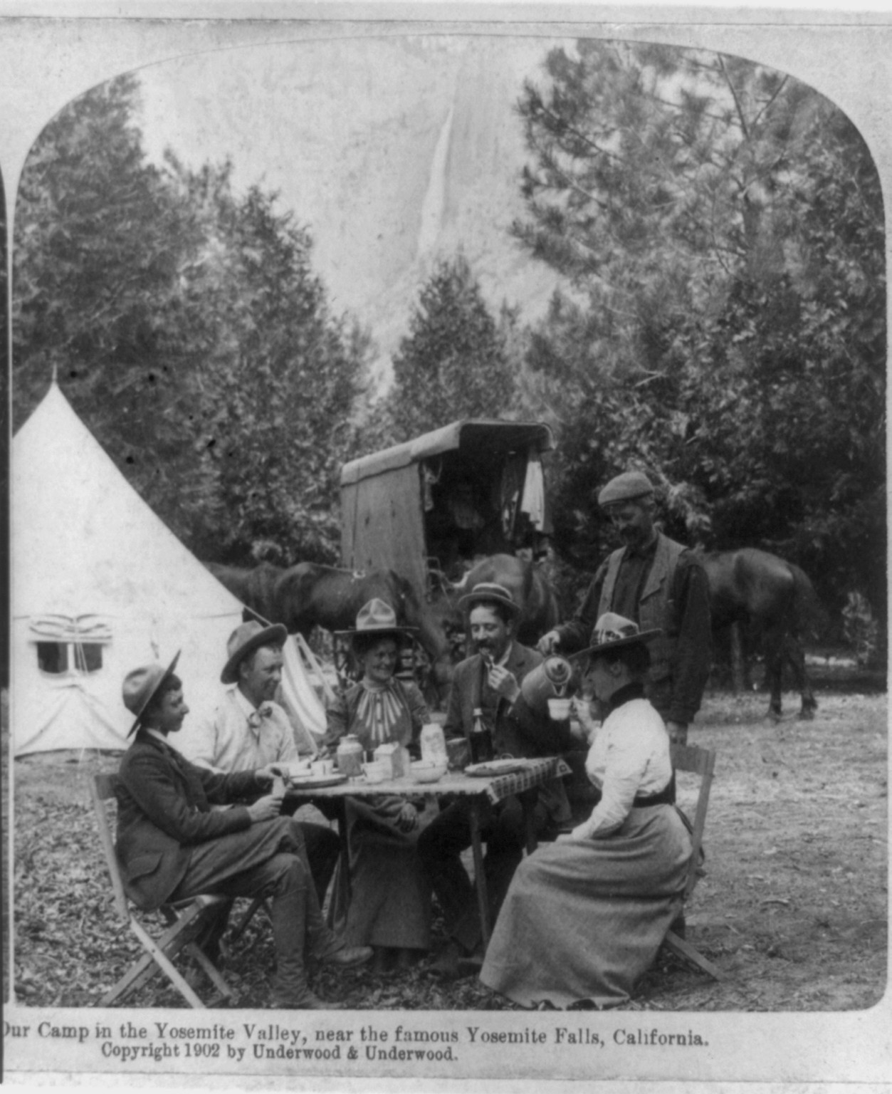 Our camp in the Yosemite Valley, near the famous Yosemite Falls, California, New York : Underwood & Underwood, c1902. — stereograph