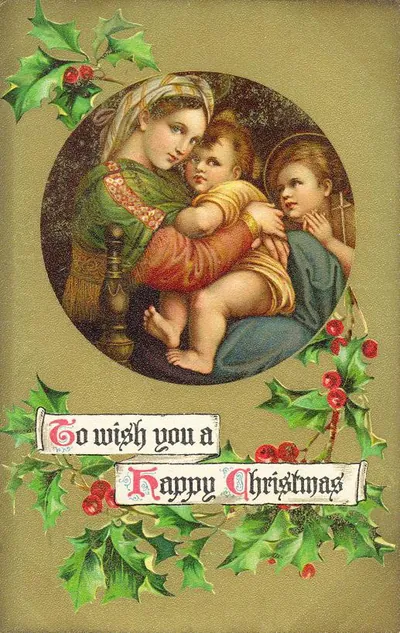 Christmas card with Madonna and holly, "To wish you a Happy Christmas