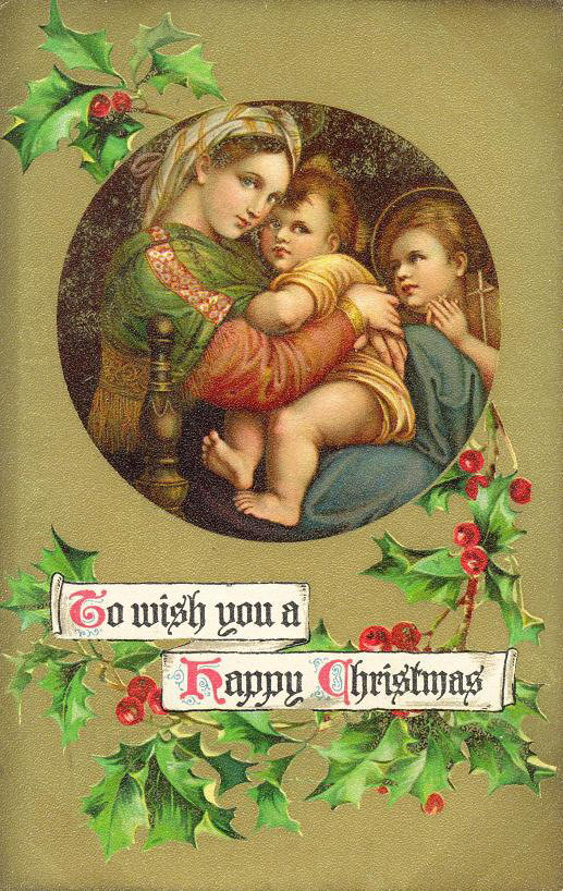 Christmas card with Madonna and holly, "To wish you a Happy Christmas — historic image