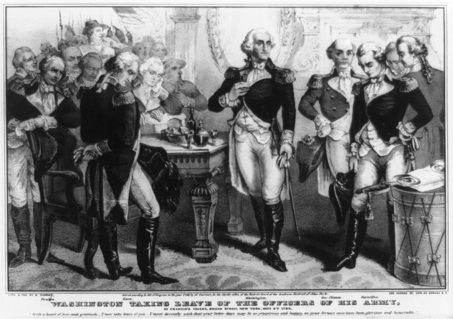 Washington taking leave of the officers of his army: at Francis's Tavern, Broad Street, New York, Decr. 4th. 1783, New York : Published by N. Currier, c1848. — antique lithograph