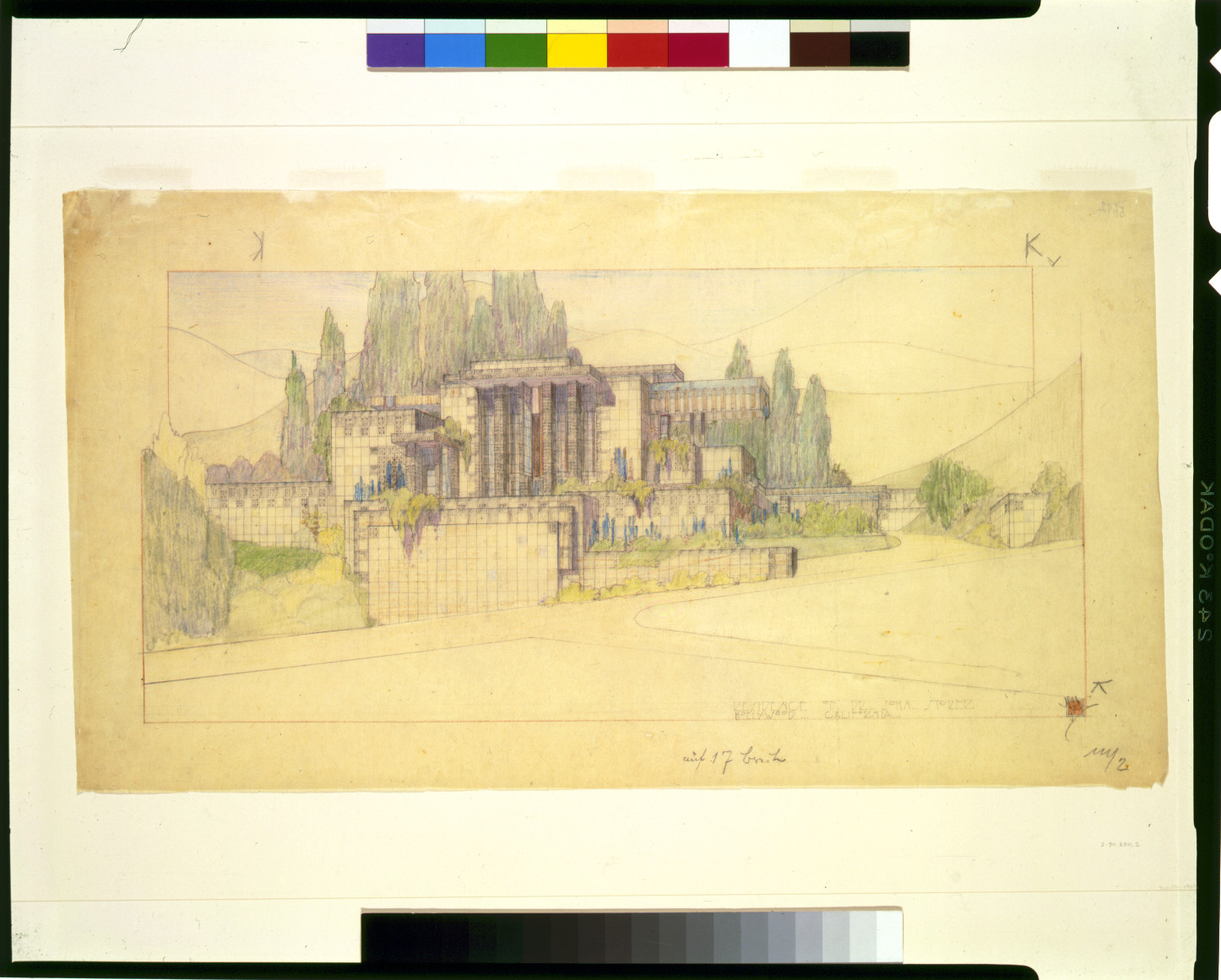 [House for Dr. John Storer, 8161 Hollywood Boulevard, Hollywood, Los Angeles, California. Exterior front, landscaping], [1923] — historic drawing