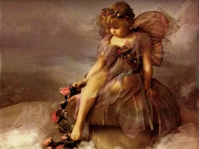 Winged fairy child seated with a trailing flower garland