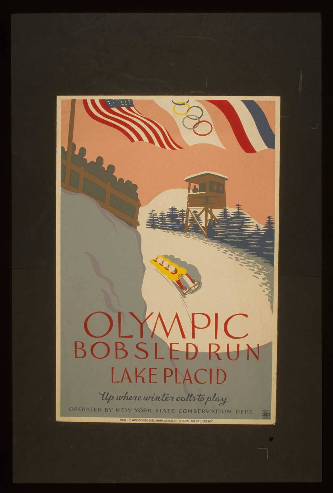 Olympic bobsled run, Lake Placid Up where winter calls to play., NYC : Works Progress Administration Federal Art Project, [between 1936 and 1938] — vintage poster