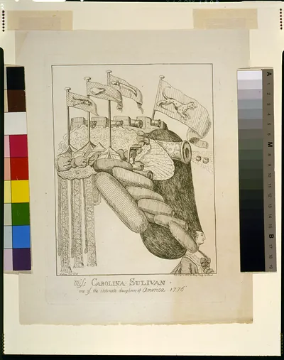 Miss Carolina Sulivan - one of the obstinate daughters of America, 1776 / Matting(?) D(?) del.