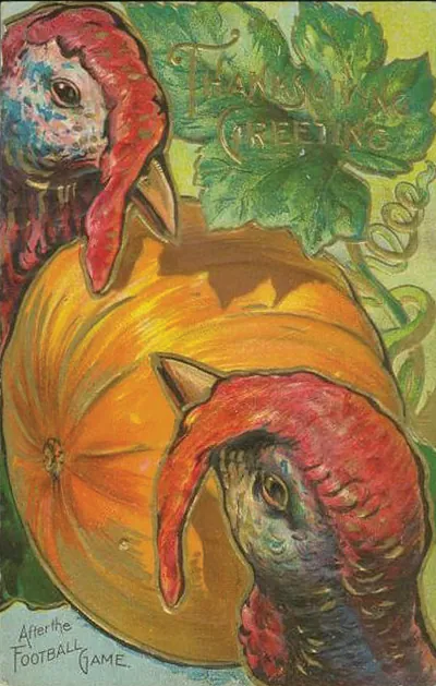 Thanksgiving Greeting: Turkeys and Pumpkin, After the Football Game