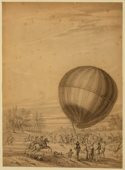 Drawing of a balloon with crowds and horsemen in a landscape