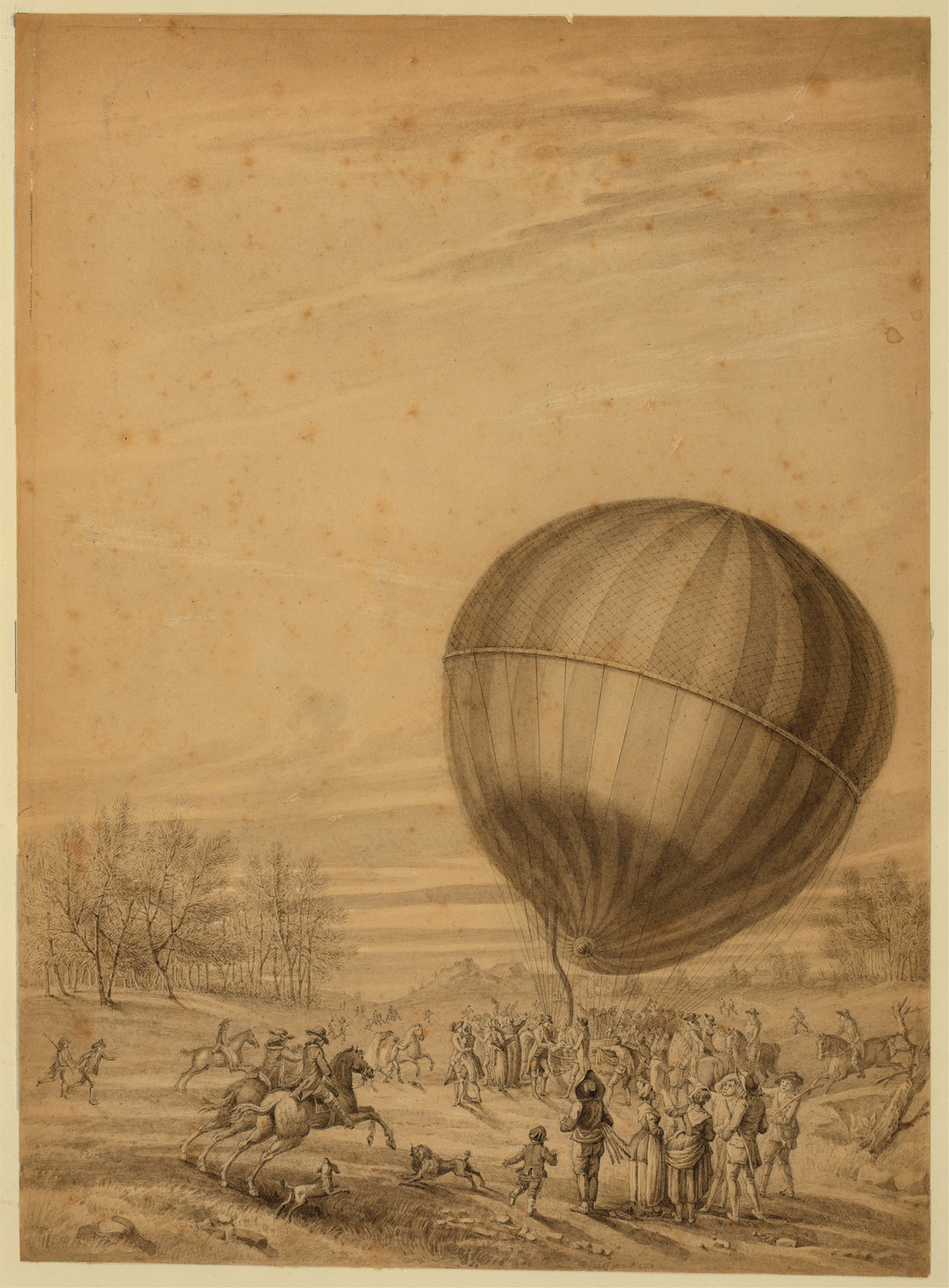 Drawing of a balloon with crowds and horsemen in a landscape — historic drawing