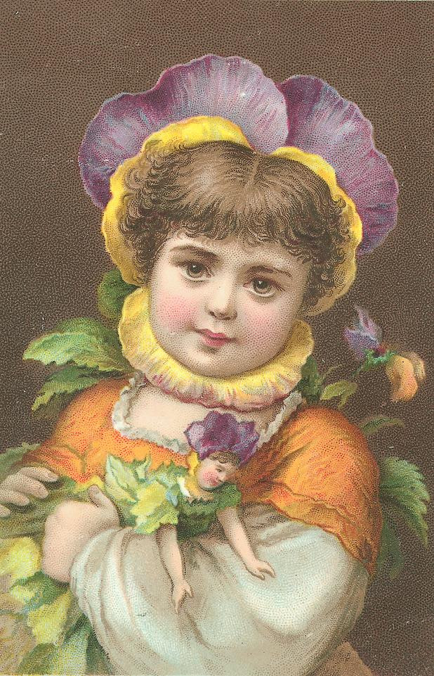 Girl in pansy bonnet holding a small flower figure — historic image