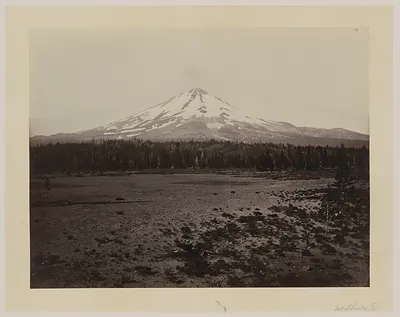 Mount Shasta across open meadow, sepia photograph