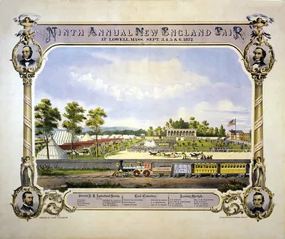 Ninth annual New England Fair, at Lowell, Mass., Sept. 3, 4, 5 & 6 1872 / D. Drummond ; Chas. H. Crosby & Co. lith., Boston.