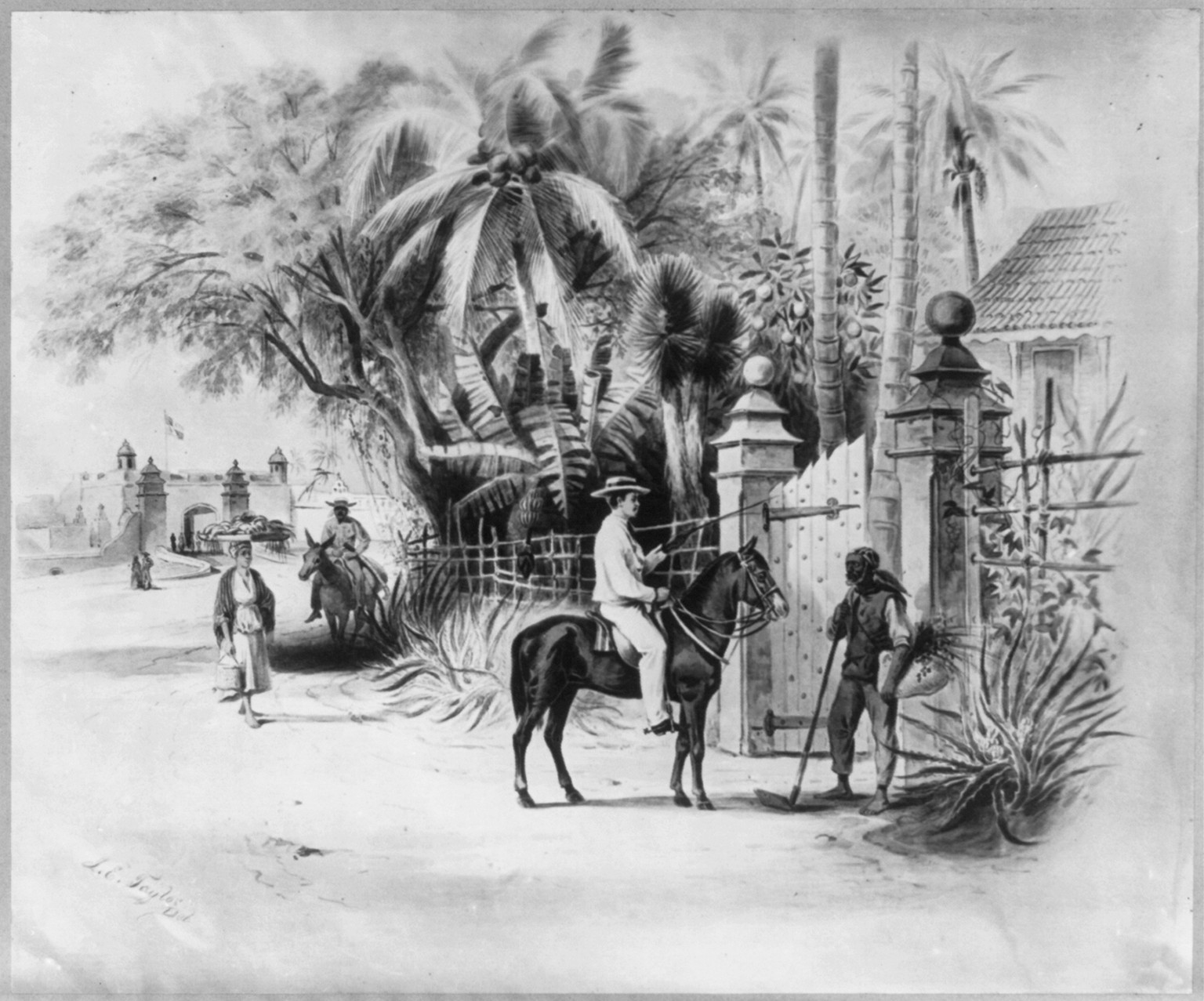 [Dominican Republic, 1871]: Entrance to Dameon Baez's residence, one half mile to the west of the limits of Santo Domingo City on the Haina Road, c1871. — historic print