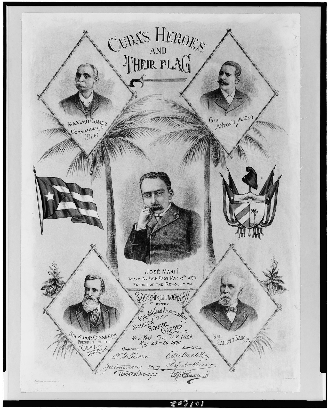 Cuba's heroes and their flag, New York : J. Weisenback Lith., c1896. — antique lithograph