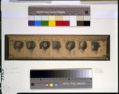 [Re-photograph of the series The Seven Words" mounted in elaborately carved frame with classical columns and inscription on architrave]"