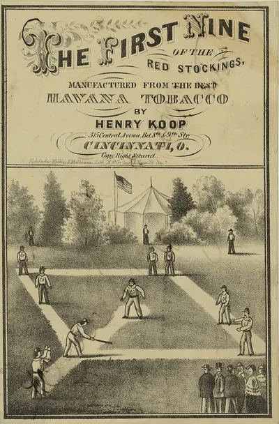 The first nine of the Red Stockings, manufactured from the best Havana tobacco by Henry Koop, 315 Central Avenue bet. 8th and 9th Str. Cincinnati, O. / Tuchfarber, Walkley, and Moellmann, Lith., NW cor. Court & Main St., Cin. O.