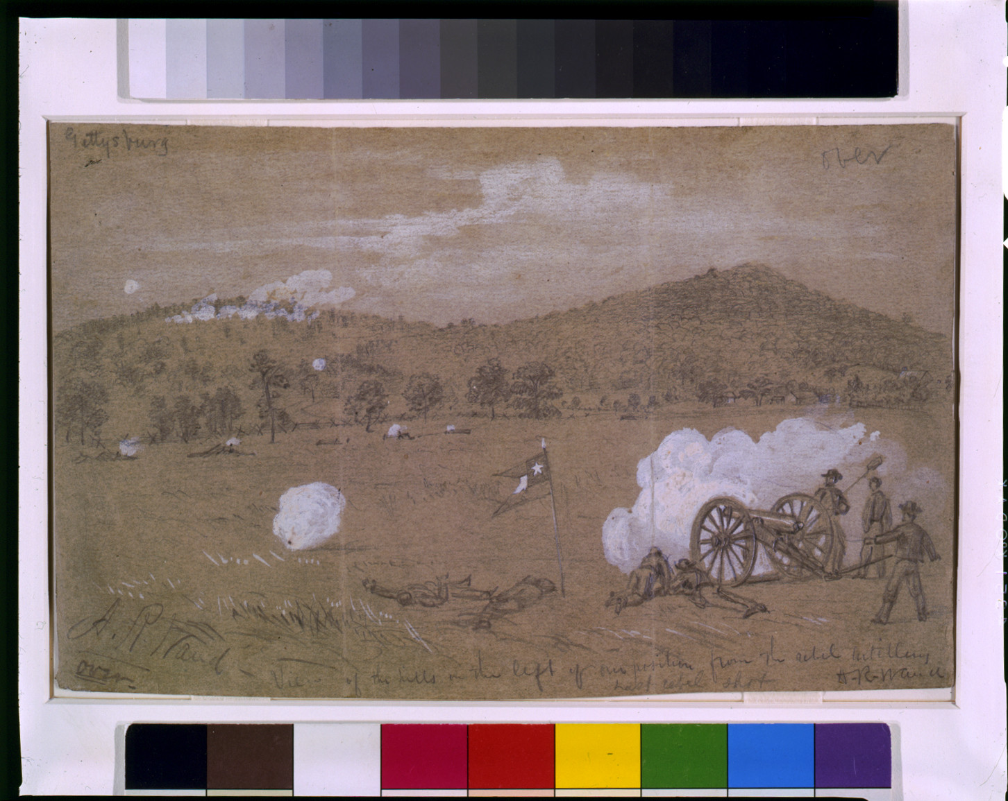 Gettysburg. View of the hills on the left of our position from the Rebel artillery, last Rebel shot, [1863 between July 1 and 3] — historic drawing