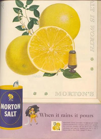 Morton Salt advertisement with citrus fruit illustration