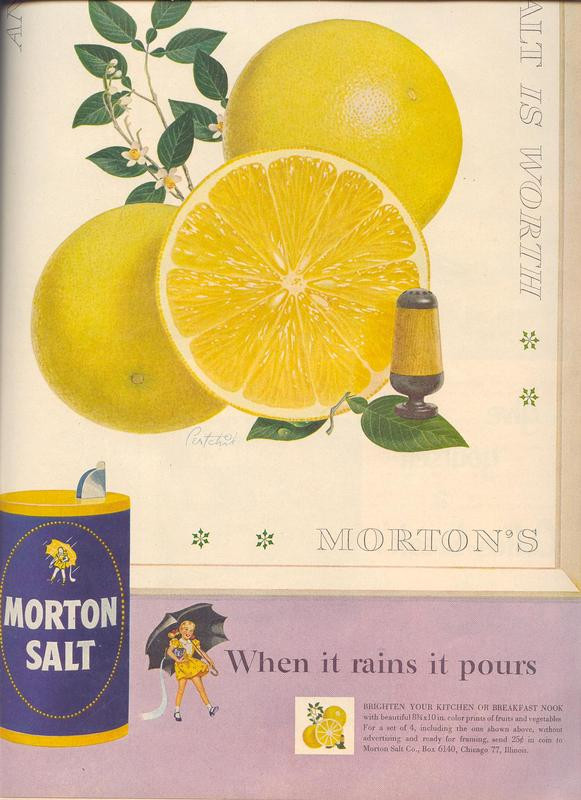 Morton Salt advertisement with citrus fruit illustration — historic image