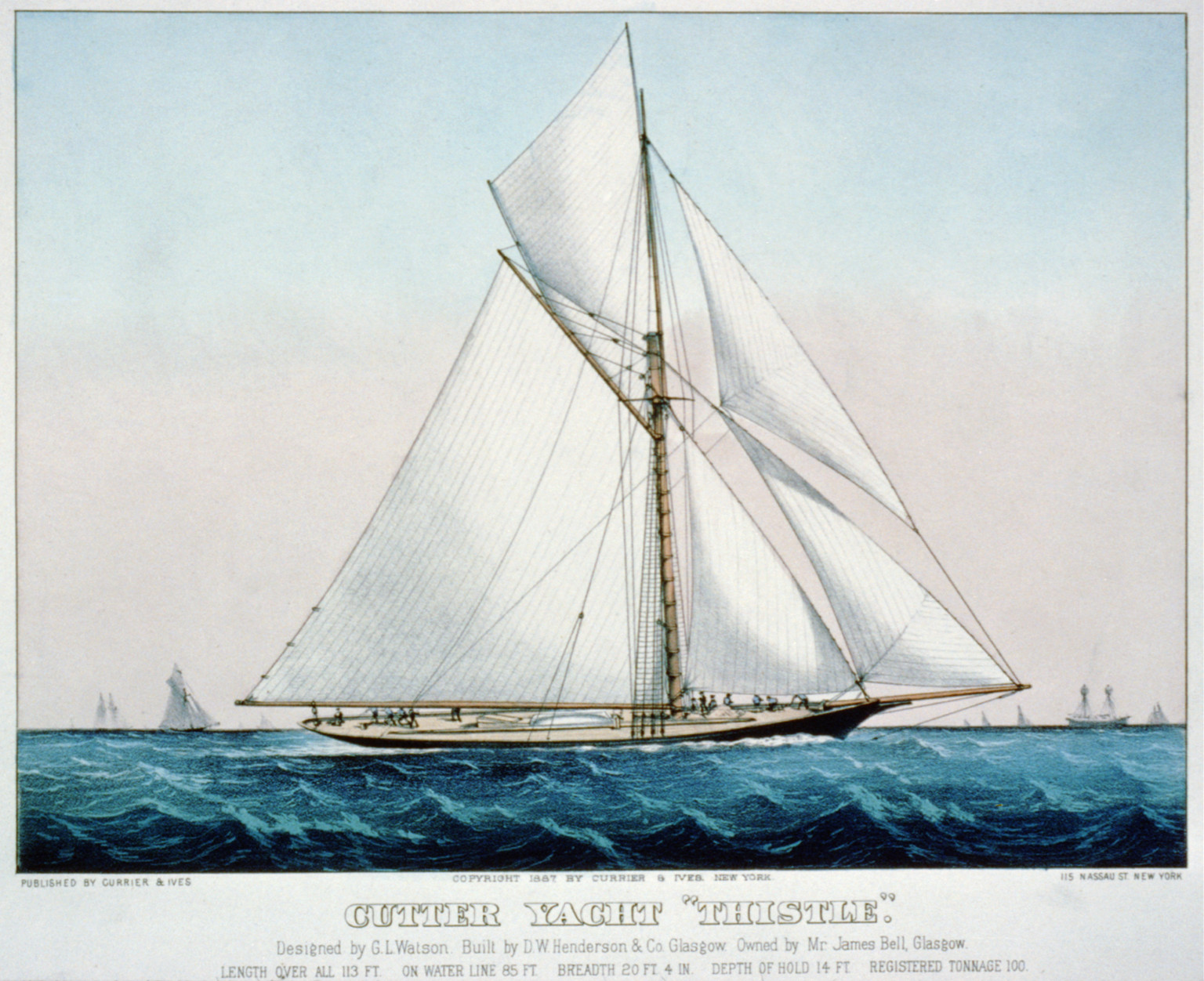 Cutter Yacht Thistle": Designed by G.L. Watson. Built by D.W. Henderson & Co. Glasgow. Owned by Mr. James Bell Glasgow", [New York] : Currier & Ives, 1887. — antique lithograph