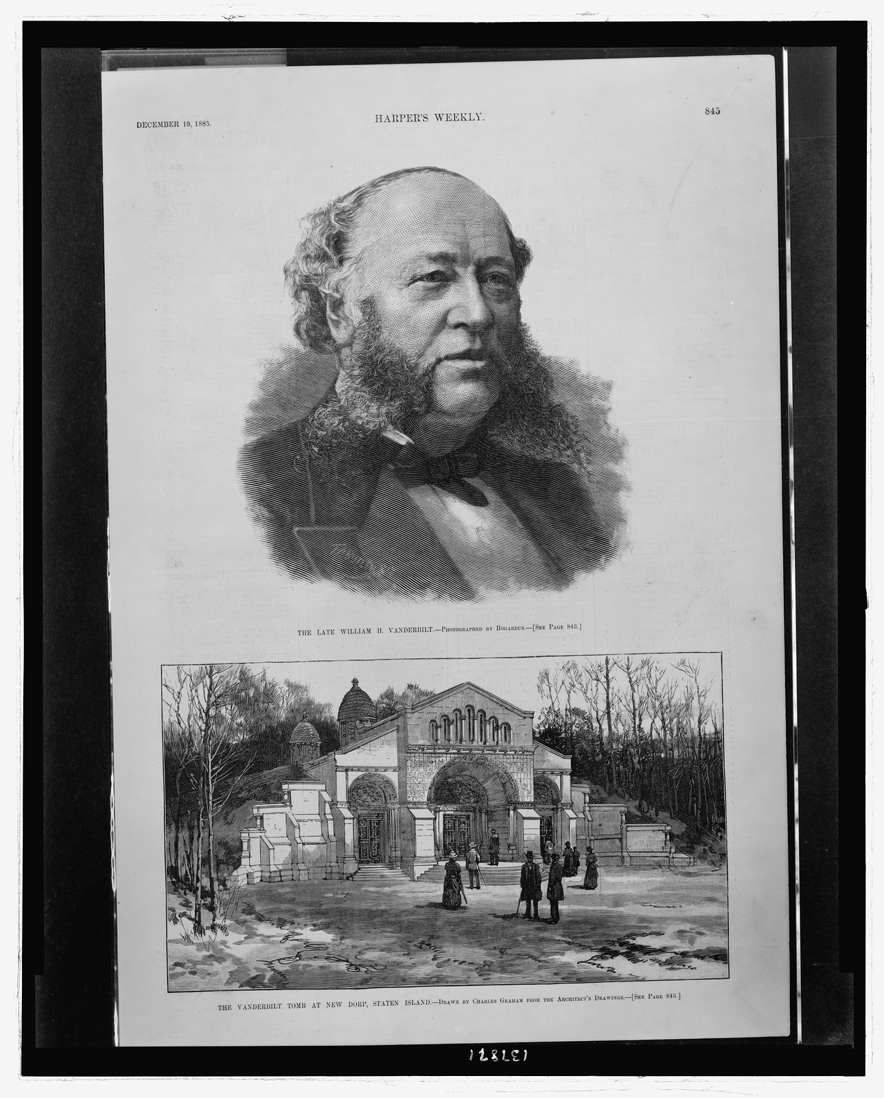 The late William H. Vanderbilt / T.A. Butler sc. ; photographed by Bogardus. The Vanderbilt tomb at New Dorp, Staten Island / drawn by Charles Graham from the architect's drawings., 1885 December 19. — historic photograph