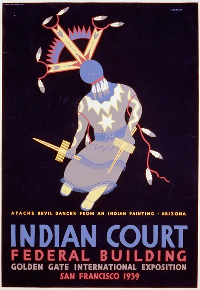 Indian court, Federal Building, Golden Gate International Exposition, San Francisco, 1939 Apache devil dancer from an Indian painting, Arizona / Siegriest.
