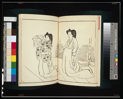 Two court women in an open Japanese woodblock-style book
