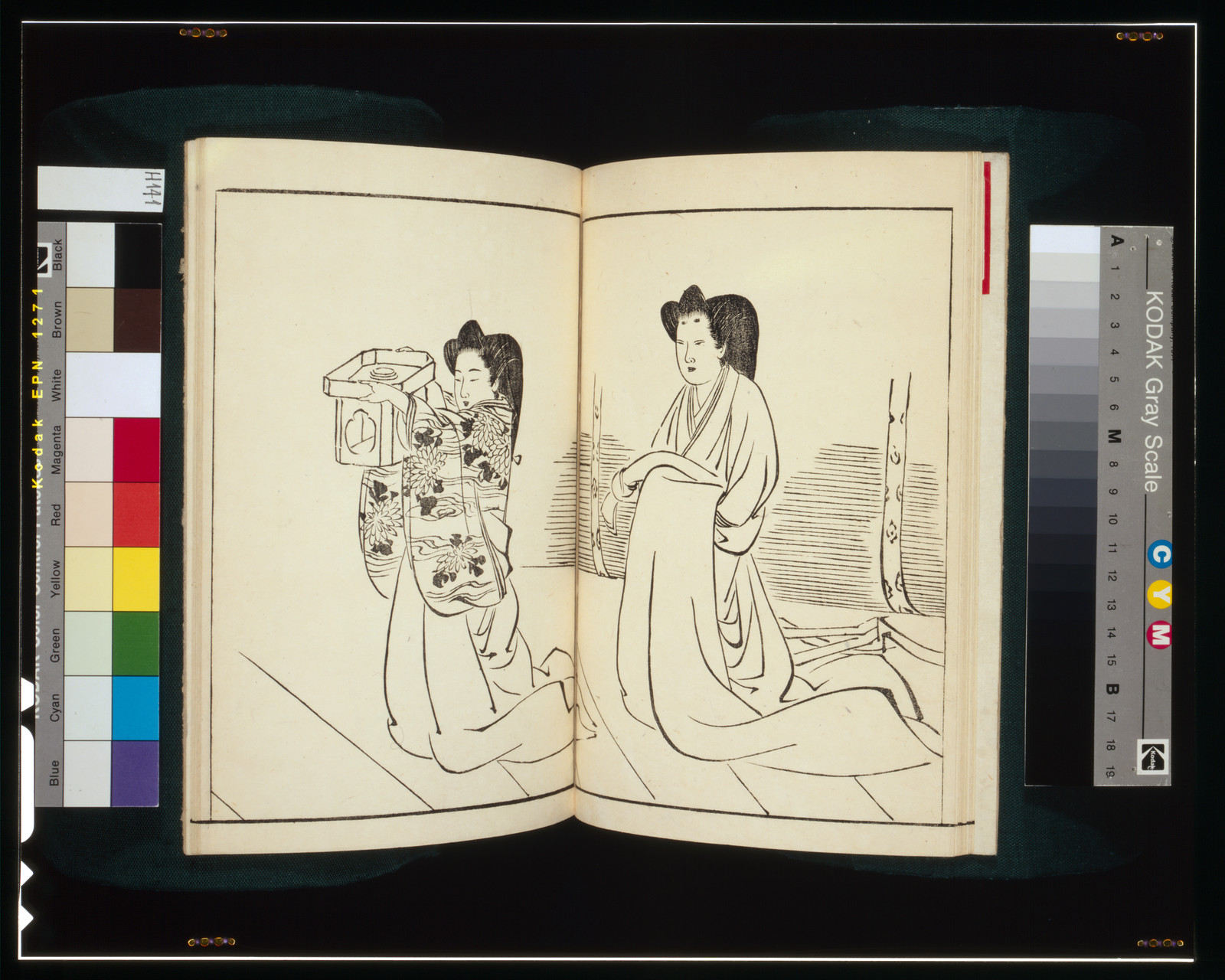 Two court women in an open Japanese woodblock-style book — historic print