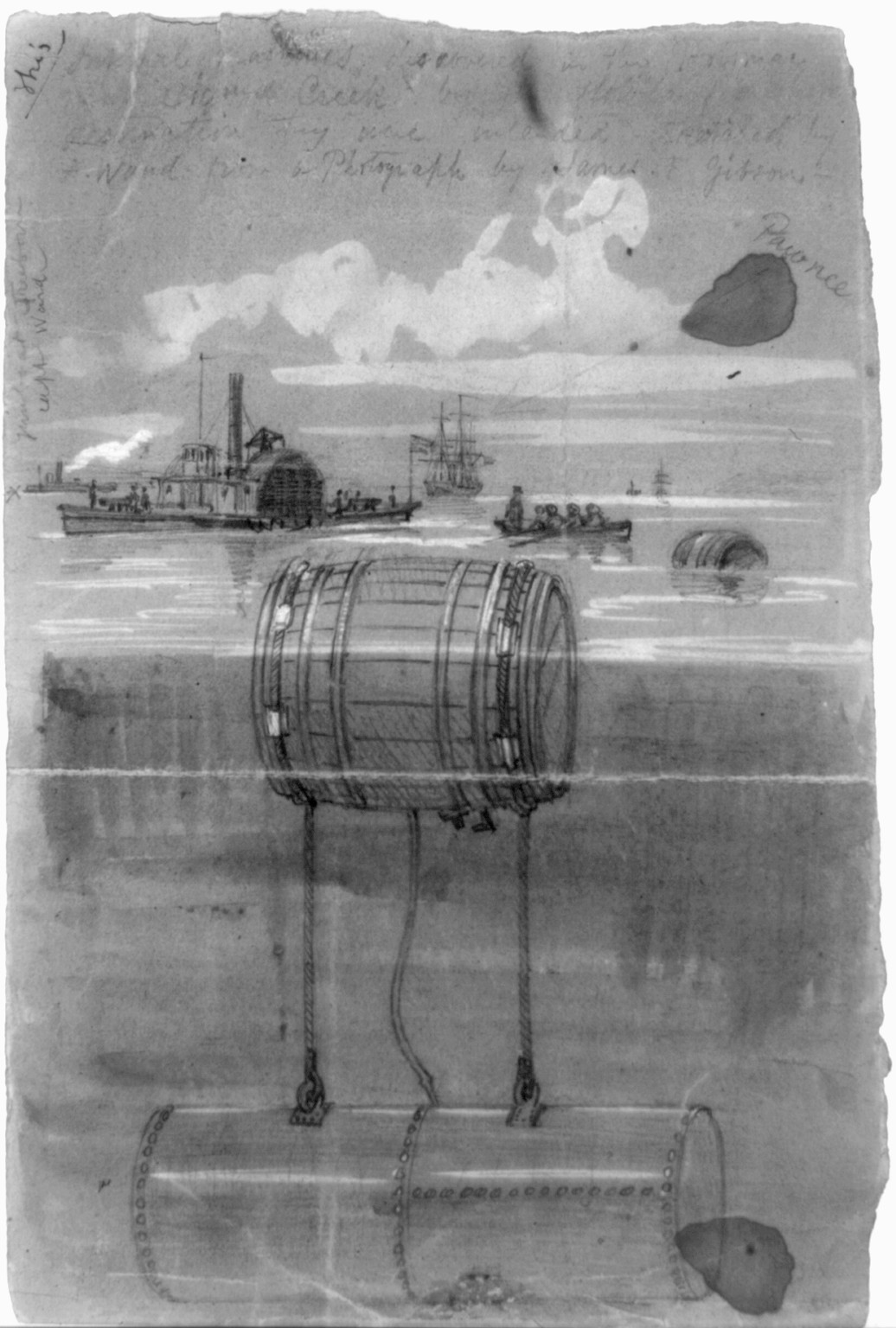 Infernal machines discovered in the Potomac [near Aquia] Creek by the flotilla ..., [1861 July 7] — historic drawing