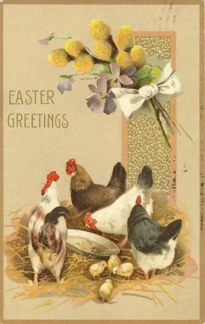 Easter Greetings card with hens, chicks and willow catkins