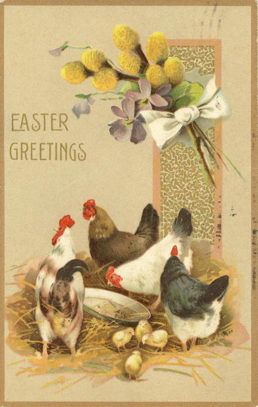 Easter Greetings card with hens, chicks and willow catkins — historic image