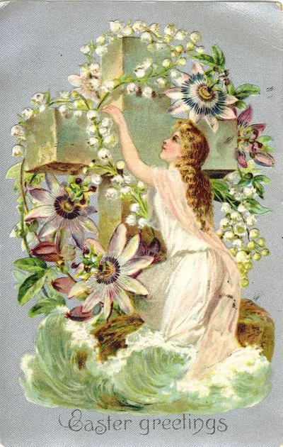 Easter greetings card with woman, lilies and passion flowers