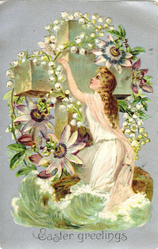 Easter greetings card with woman, lilies and passion flowers — historic image