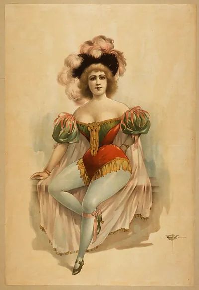 [Woman wearing brief costume blue tights pink cape with feathers in her hair]