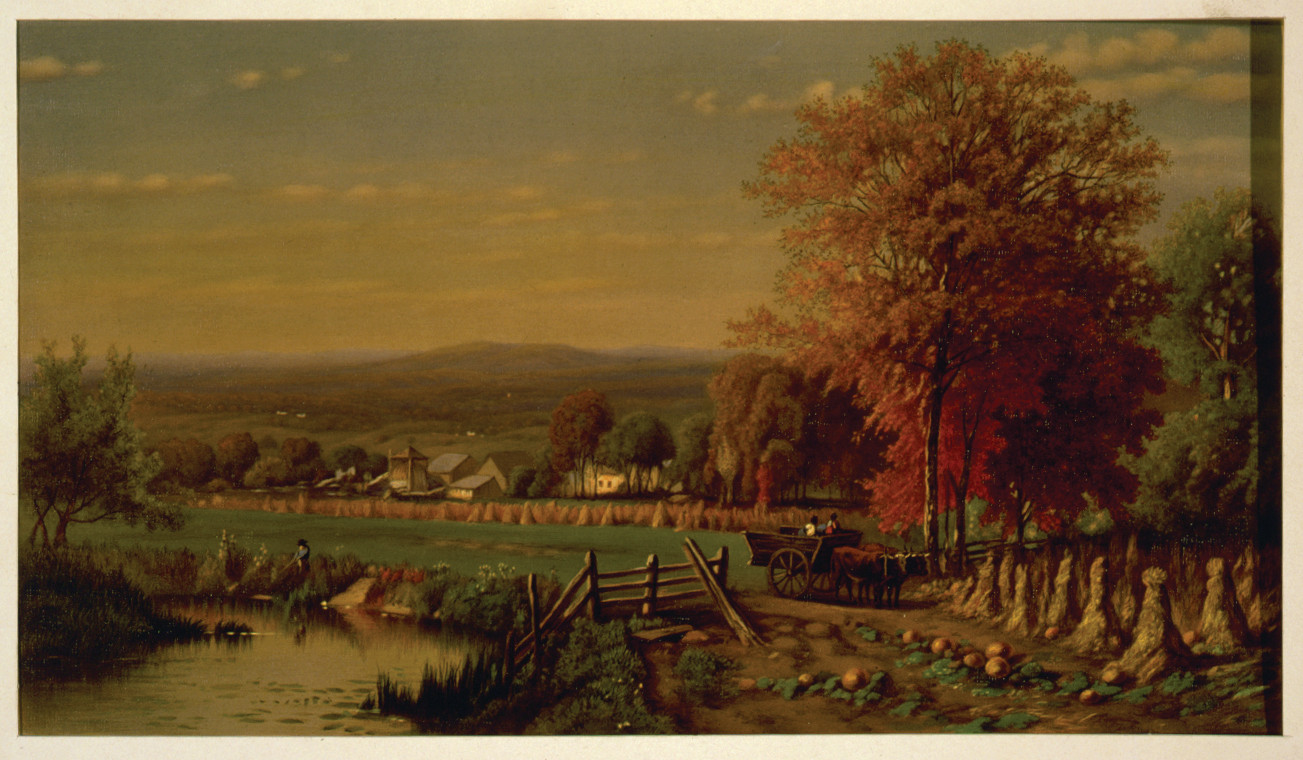 [Scene on farm, near Farmington, Connecticut, in autumn, showing pond, fields, and buildings], Boston : L. Prang & Co., c1870. — antique lithograph