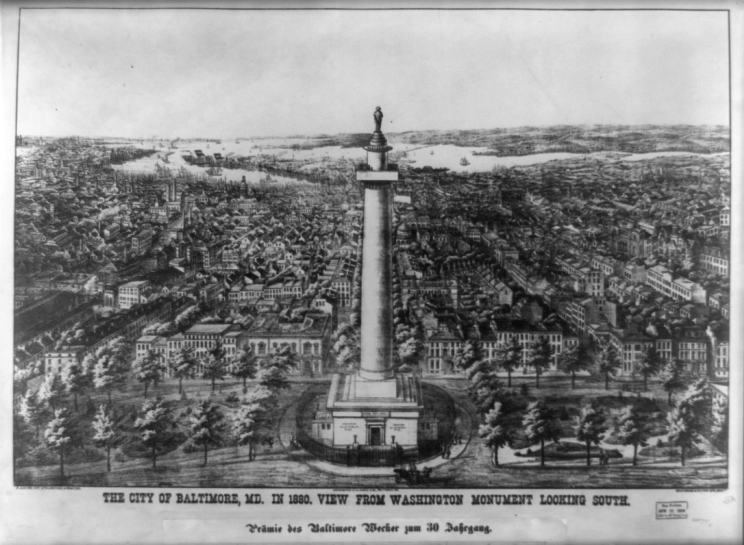 The city of Baltimore City, Md. in 1880 View from Washington Monument looking south / A. Sachse & Co. Lithographers & Printers., Balto., [Maryland] : A. Sachse & Co., Baltimore & Eutaw Sts., 1880. — antique lithograph